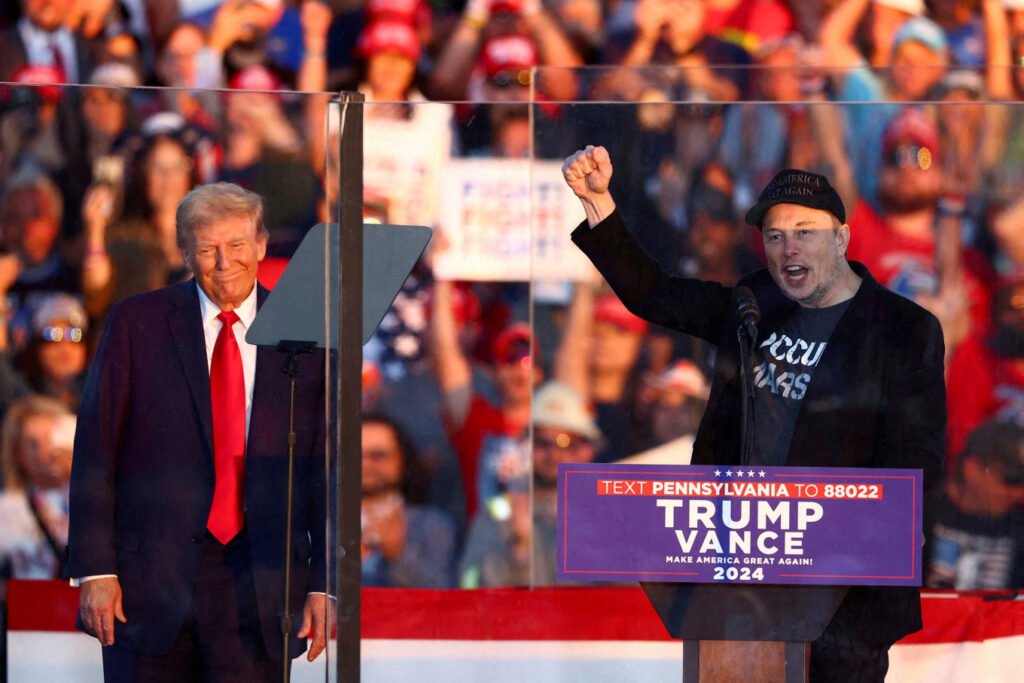 Elon Musk lors d’un meeting de la campagne présidentielle de Donald Trump en 2024