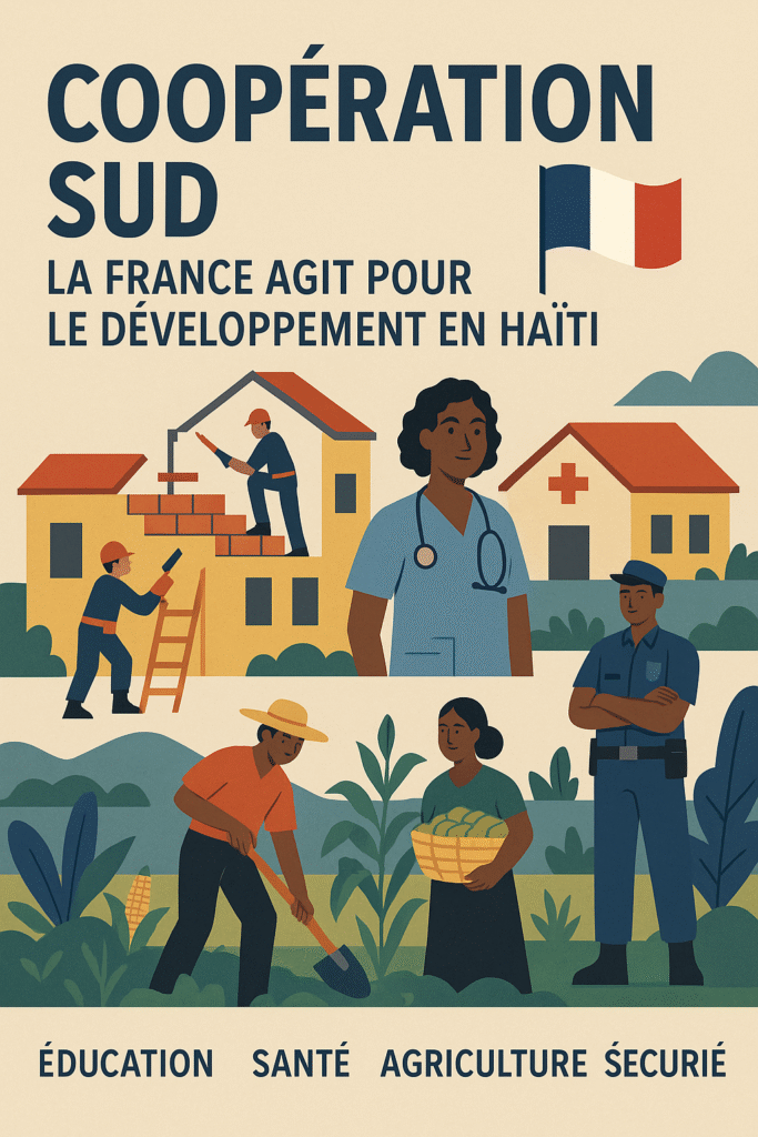 Affiche illustrée représentant la coopération Sud entre la France et Haïti, axée sur l’éducation, la santé, l’agriculture et la sécurité.