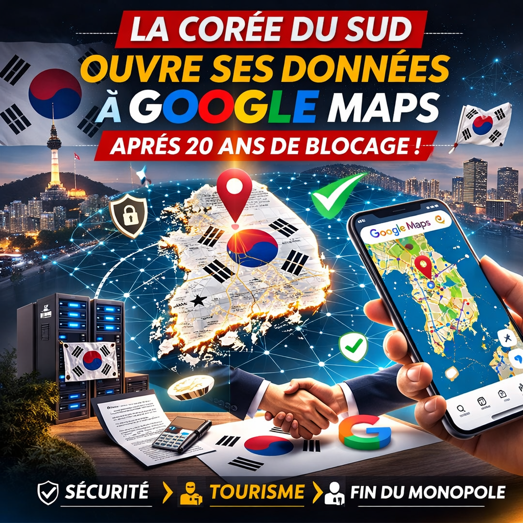 Illustration montrant la carte numérique de la Corée du Sud intégrée à Google Maps après l’ouverture des données cartographiques