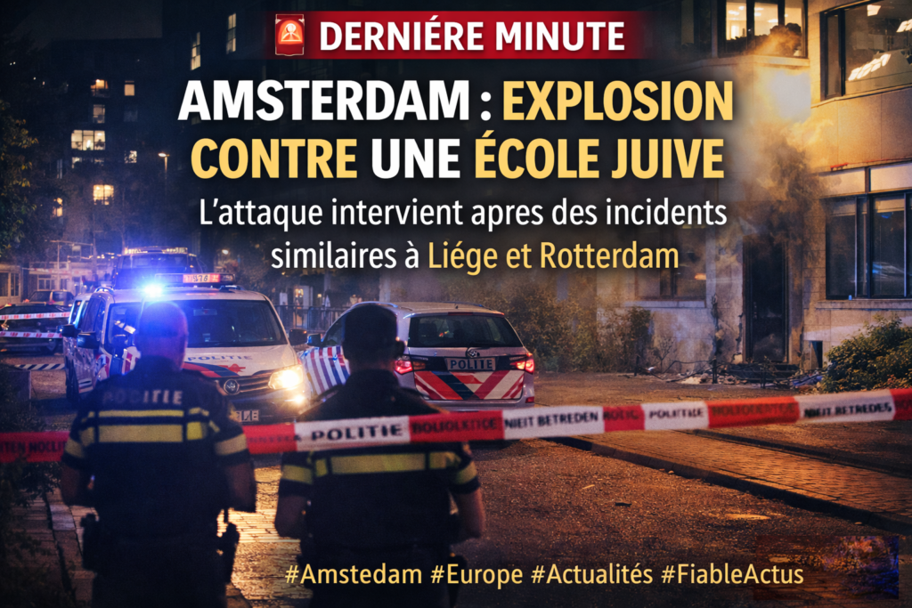 Explosion contre une école juive à Amsterdam aux Pays-Bas, police sur place après l’attaque.