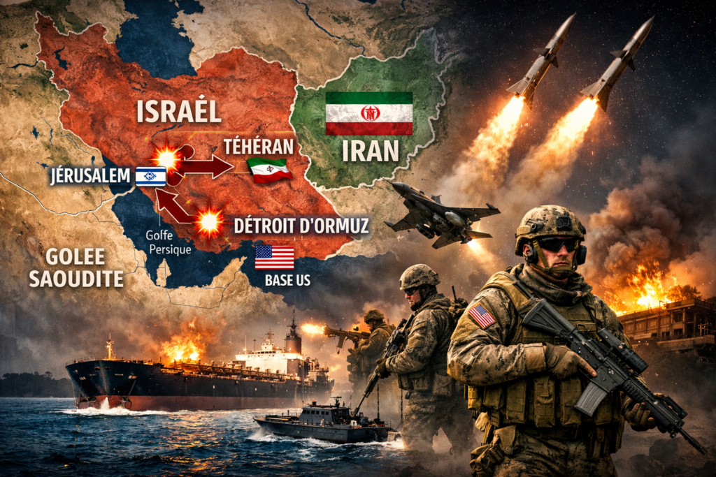 Carte du Moyen-Orient montrant le conflit entre l’Iran, Israël et les États-Unis avec tensions dans le détroit d’Ormuz