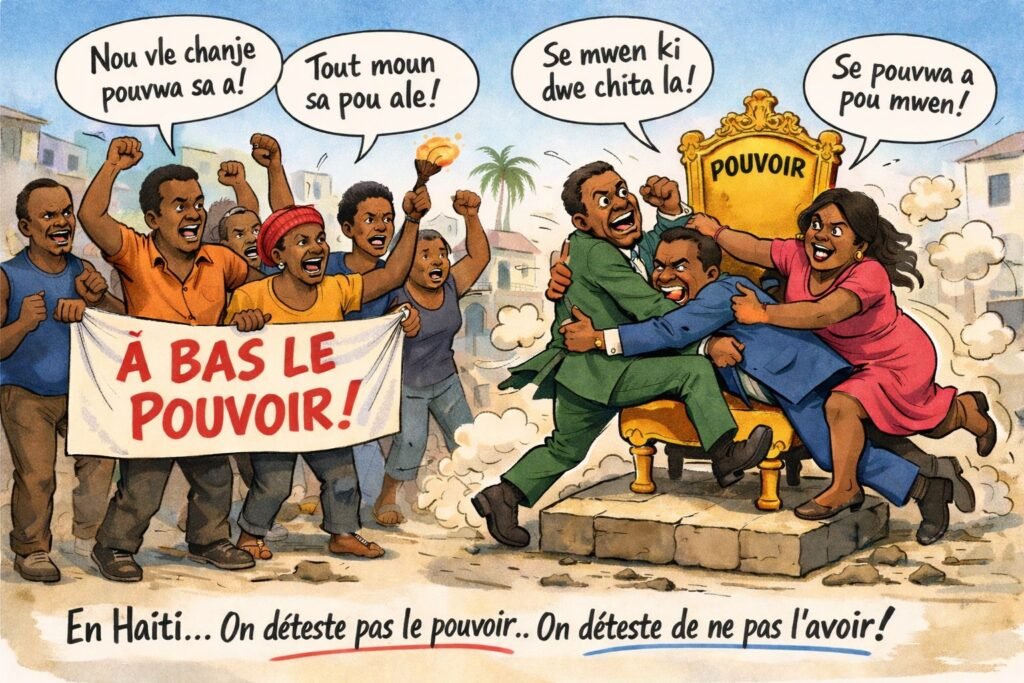 Haïti le vrai problème : Illustration symbolisant la crise politique et sociale en Haïti liée à l’exclusion du pouvoir et à la corruption.